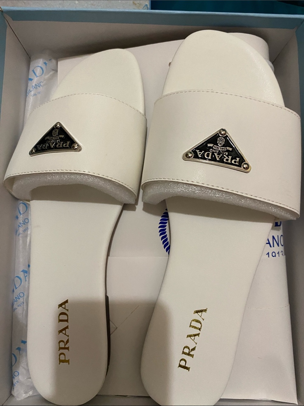 Prada White Leather Logo Plaque Slide Sandals